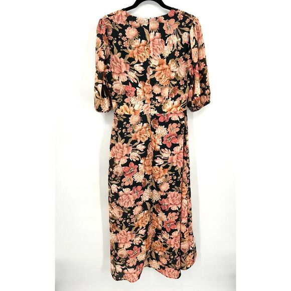 NWOT SHEIKE Orange Black Floral Print Button Down Puff Sleeve Boho Midi Dress 10 - Picture 2 of 9